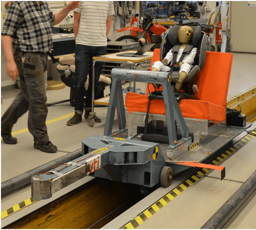 Der Schwedische Plus-Test: Ein Reboarder und ein vorwärts gerichteter Sitz im Vergleich Dummy beim Crashtest